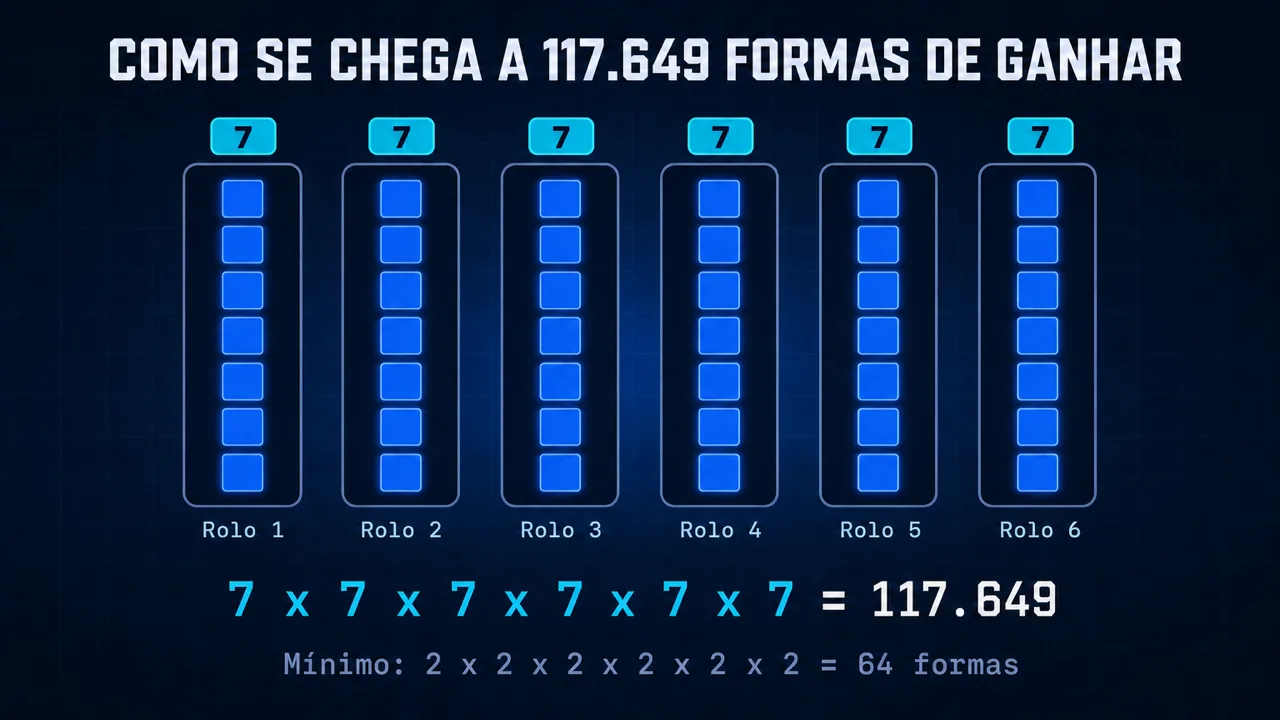 Seis rolos com sete símbolos cada e o cálculo 7 x 7 x 7 x 7 x 7 x 7 = 117.649 formas de ganhar