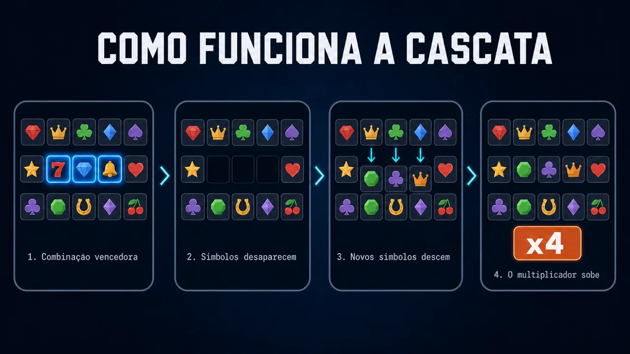 As quatro etapas de uma cascata: combinação vencedora, símbolos que desaparecem, novos símbolos que descem e o multiplicador que sobe para x4