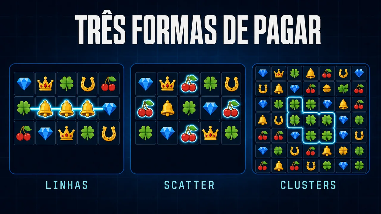 Comparação das três formas de pagar numa slot: uma linha de três sinos alinhados, oito símbolos de cereja espalhados pelo ecrã e um grupo de trevos em contacto numa grelha 7x7