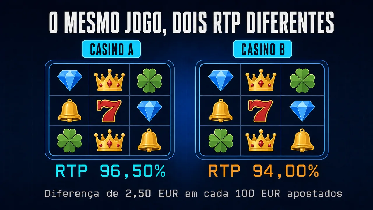 O mesmo jogo de slot com a mesma grelha de símbolos em dois casinos, um a correr com RTP de 96,50% e outro com RTP de 94,00%
