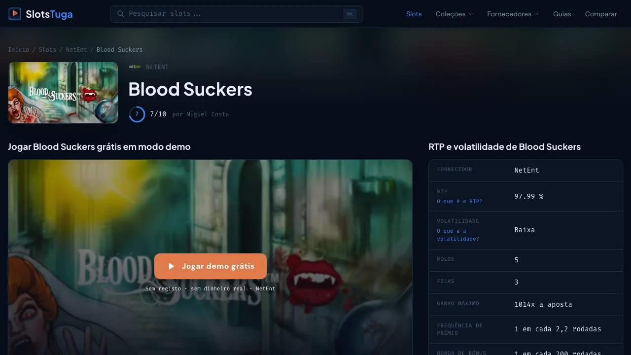 Ficha da slot Blood Suckers no SlotsTuga: nota de 7 em 10, demo gratuita e, ao lado, o RTP, a volatilidade, o ganho máximo e a frequência de prémio