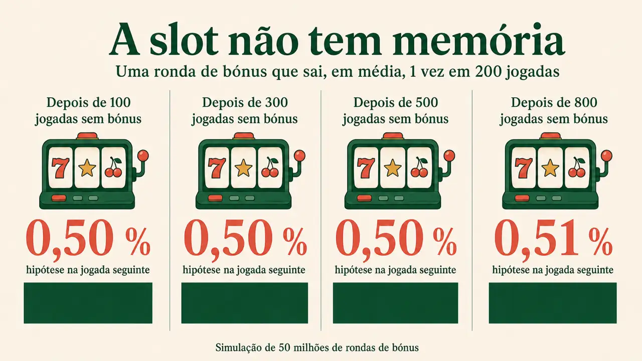 Uma ronda de bónus que sai 1 vez em 200 jogadas: depois de 100, 300, 500 ou 800 jogadas sem bónus, a hipótese na jogada seguinte continua nos 0,5 %