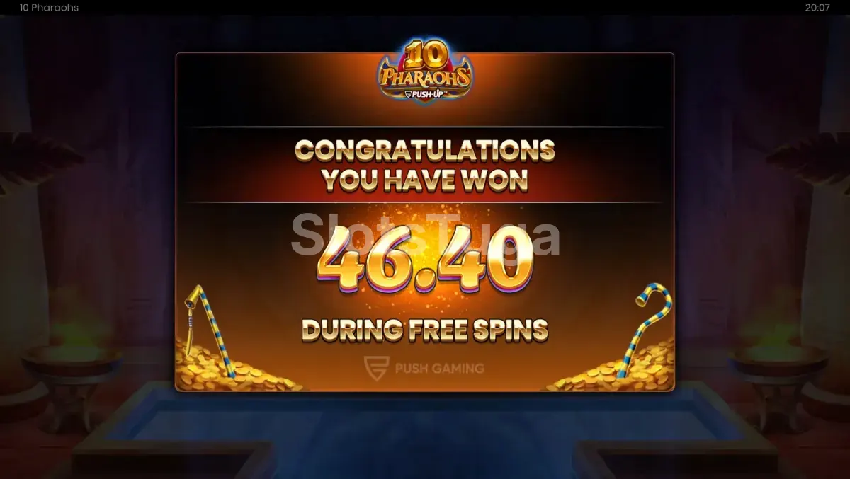 Tela de grande vitória na slot 10 Pharaohs mostrando prêmio expressivo