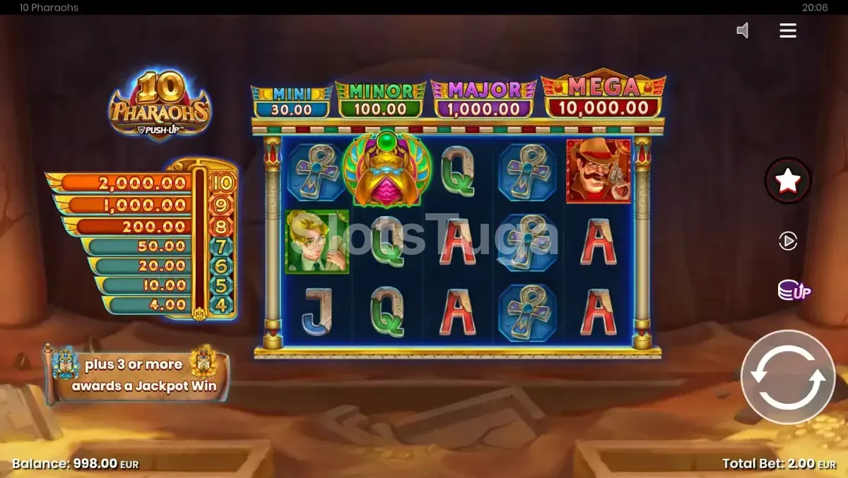 Jogo base da slot 10 Pharaohs com os cinco rouleaux exibindo os símbolos egípcios