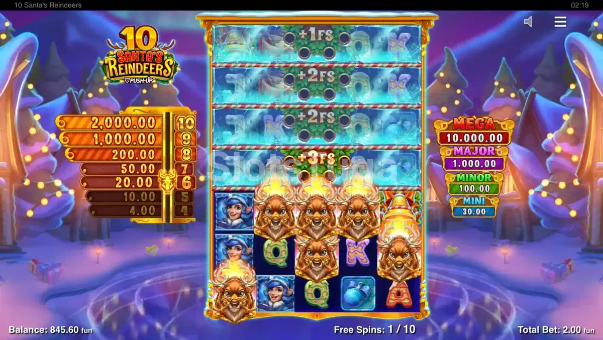 Free spins em andamento no 10 Santa's Reindeers com multiplicadores ativos
