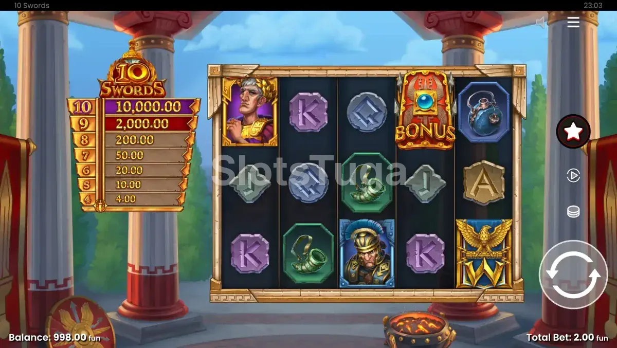 Tela principal do jogo 10 Swords com o cenário romano ao fundo