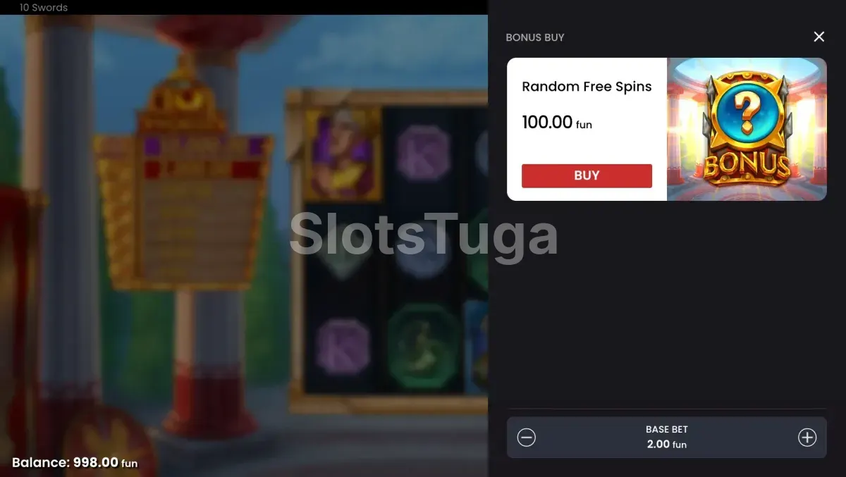 Tela de compra de bônus do 10 Swords com as opções disponíveis