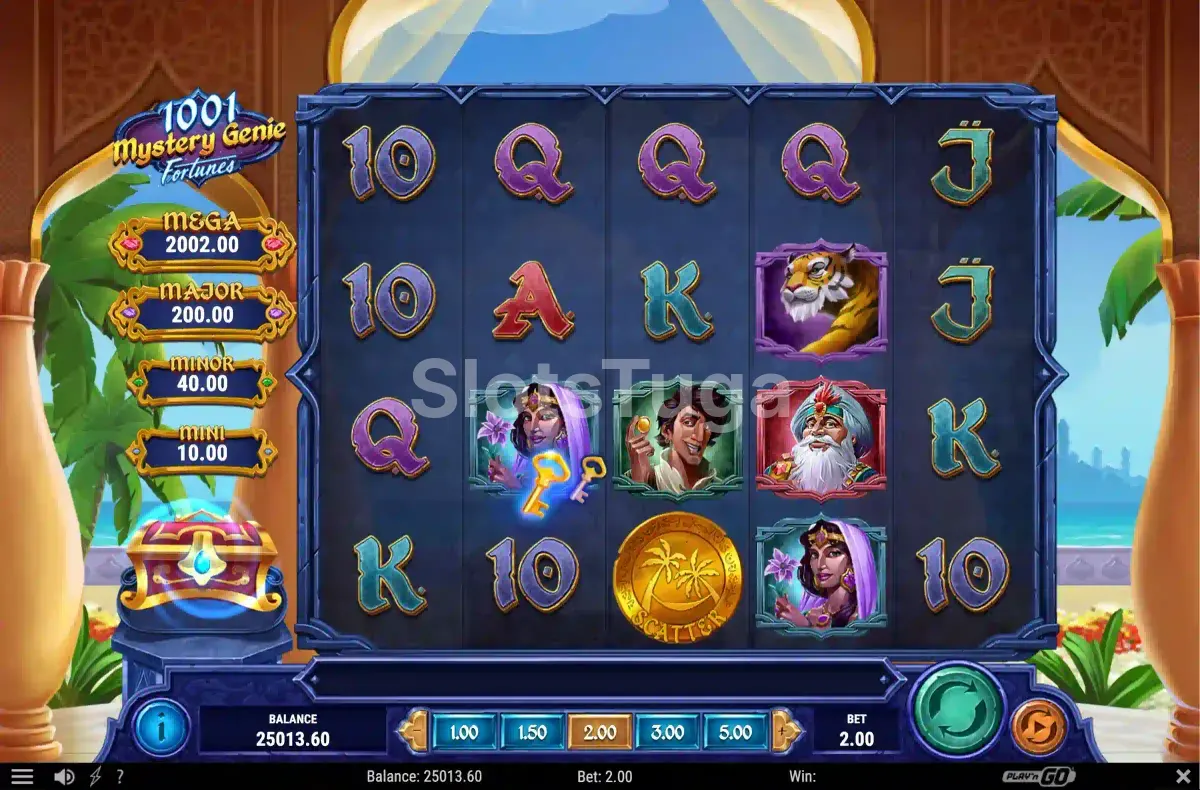 Segunda tela de jogo do 1001 Mystery Genie Fortunes com rodada em andamento