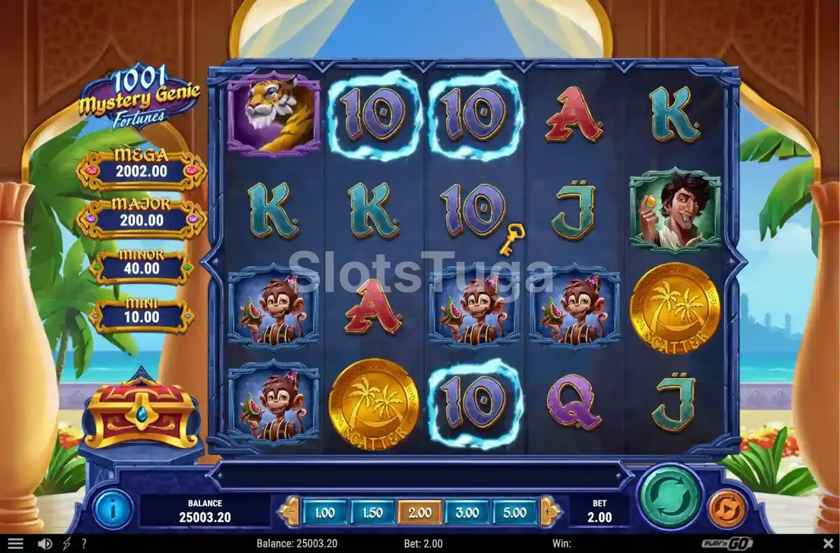 Tela principal do slot 1001 Mystery Genie Fortunes com o gênio ao fundo