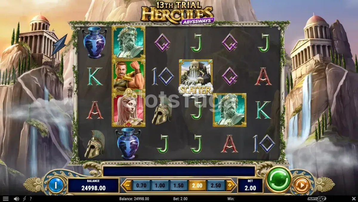 13th Trial Hercules Abyssways: seis rolos entre templos no alto de falésias e cascatas, com os rostos de Zeus e de Hércules, uma deusa, ânforas, capacetes e o templo como scatter.