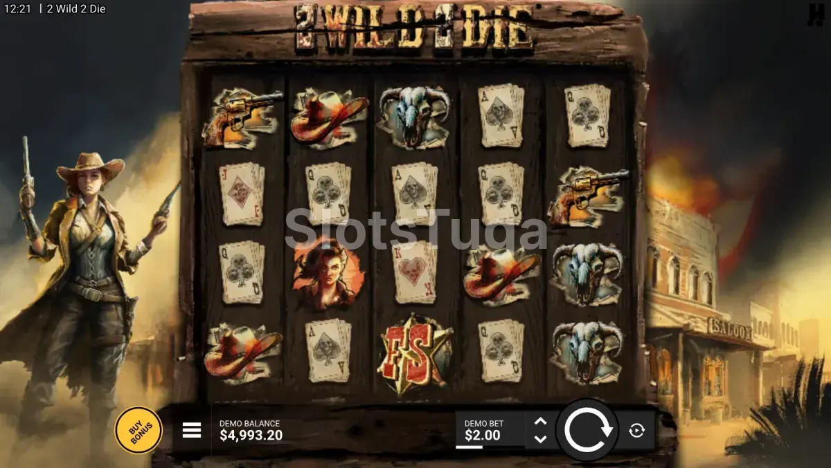 Jogo base da 2 Wild 2 Die com o saloon em chamas ao fundo