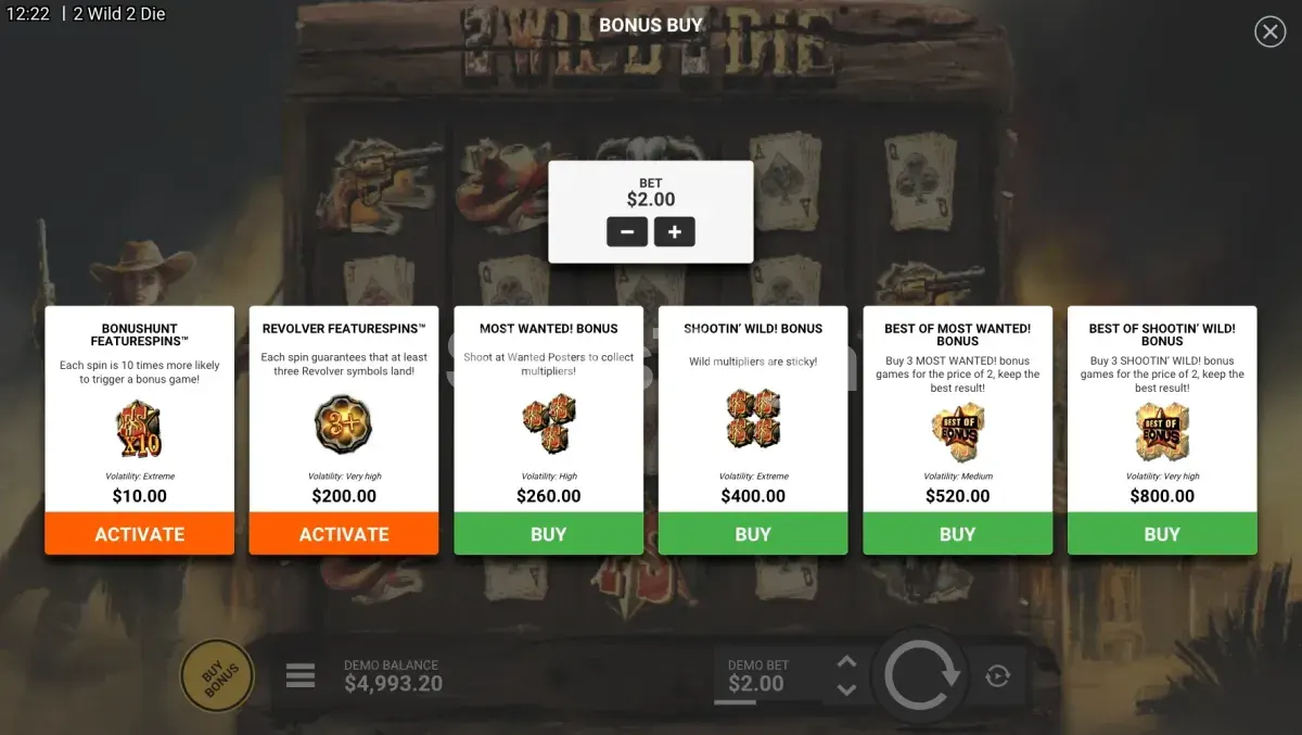 Menu de compra de bônus na slot 2 Wild 2 Die