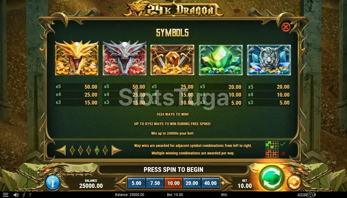 Tabela de pagamentos do 24K Dragon mostrando símbolos e valores