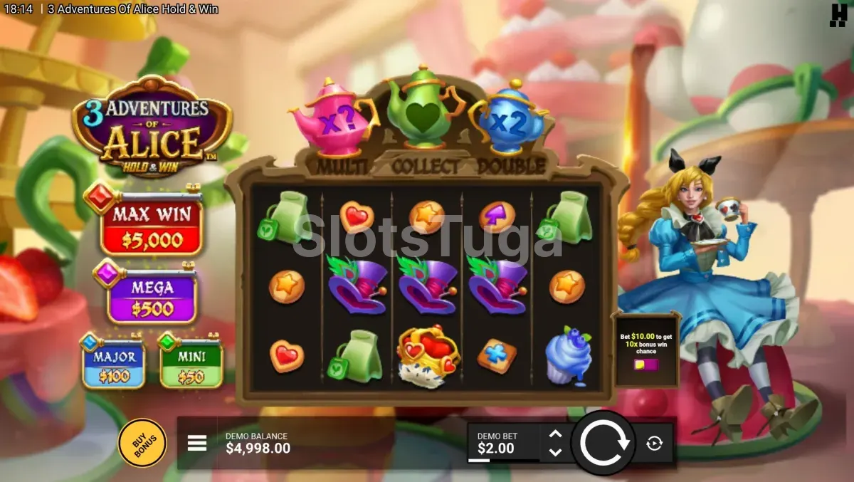 Jogo base de 3 Adventures of Alice com grelha de 5 rolos e 3 linhas