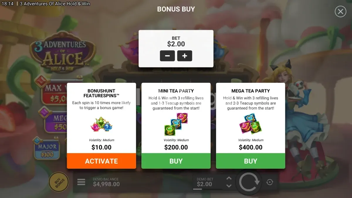 Ecrã de compra de bónus de 3 Adventures of Alice