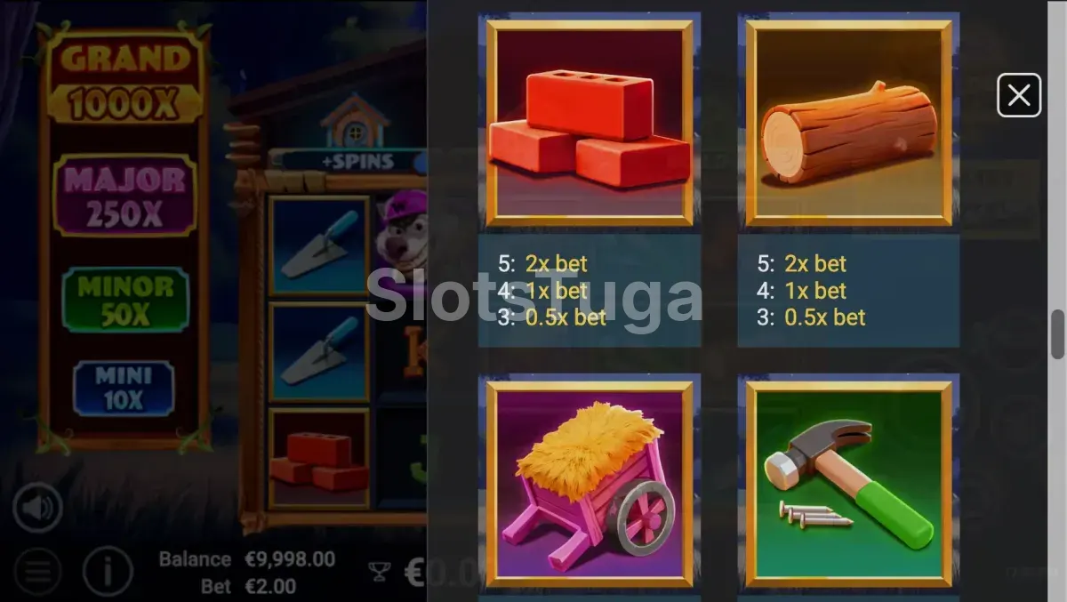 Tabela de pagamentos do 3 Builder Piggies mostrando valores dos símbolos