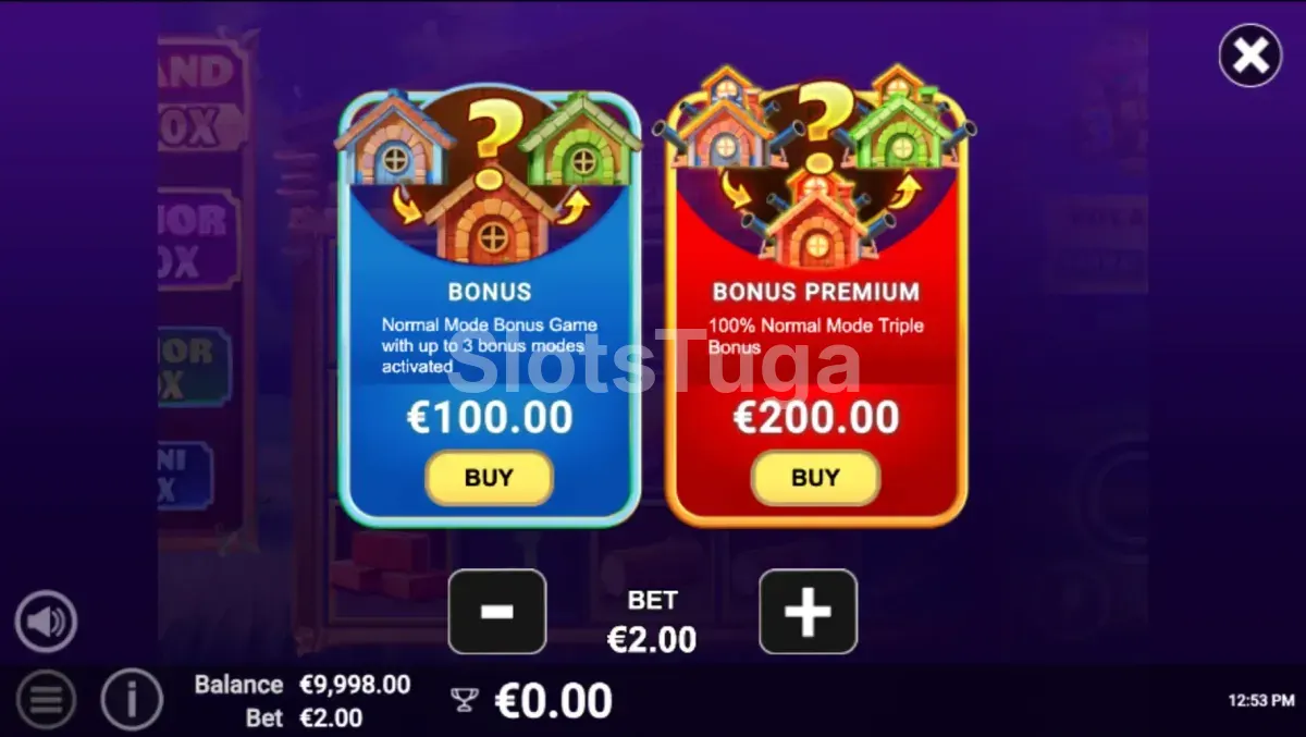 Tela de compra de bônus do 3 Builder Piggies com opções disponíveis