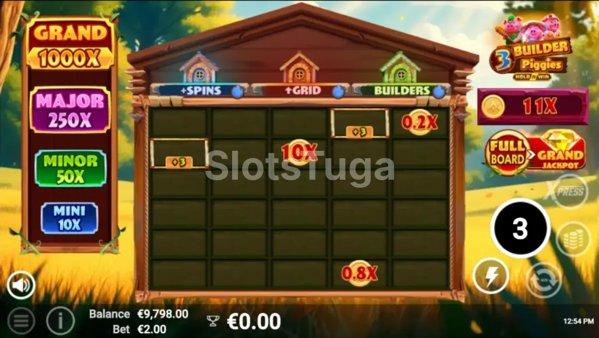 Rodadas grátis ativadas no 3 Builder Piggies com multiplicadores em ação