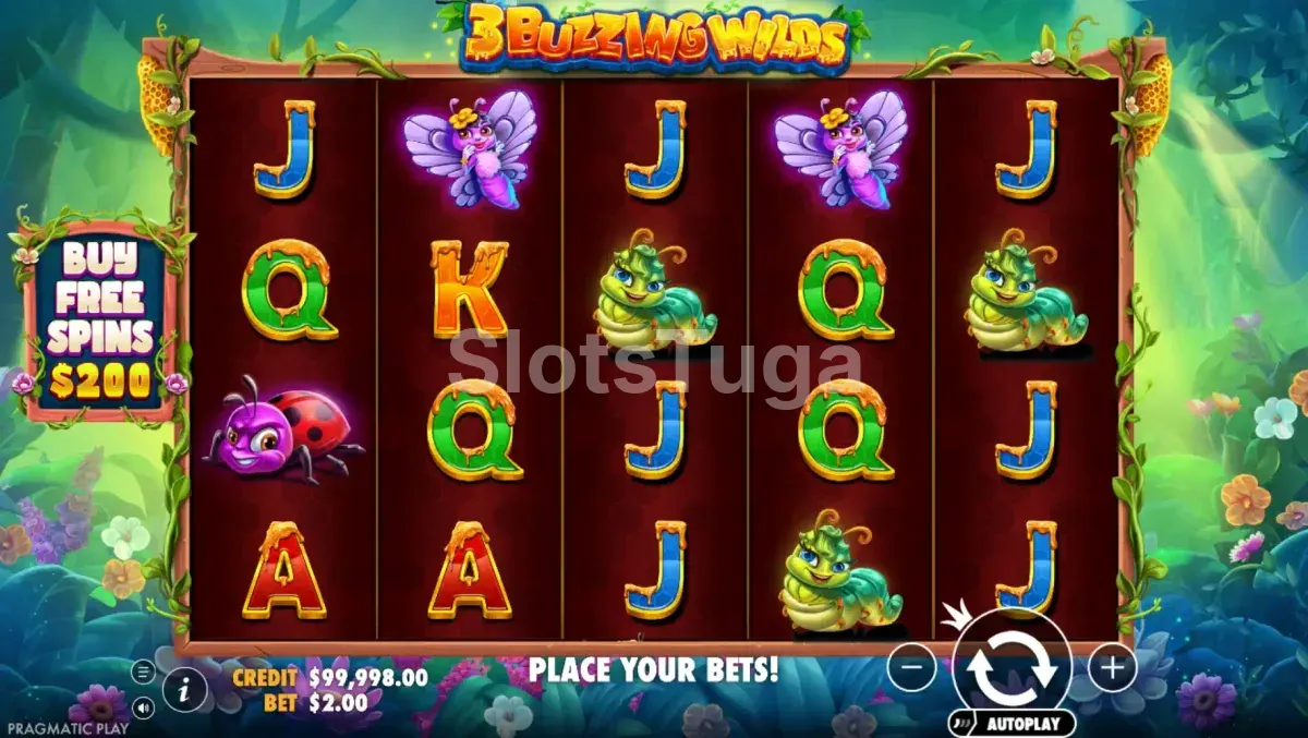 Jogo base do 3 Buzzing Wilds com grid de 5x4 e símbolos temáticos de abelhas
