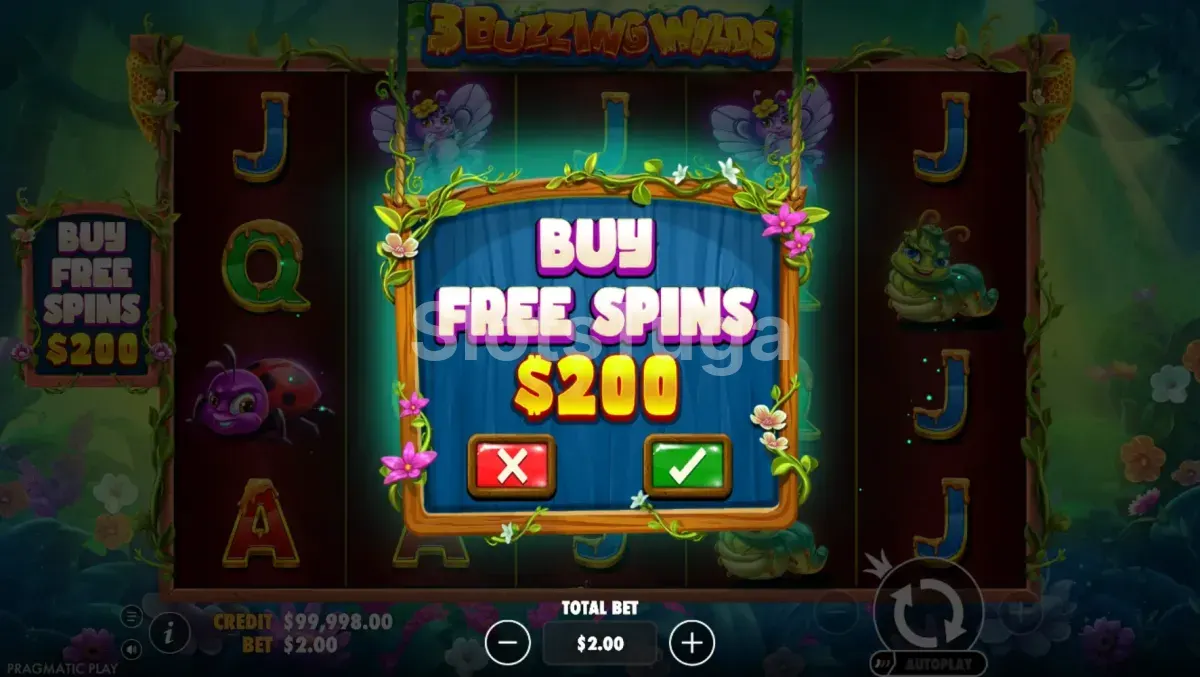 Tela de compra de bônus do 3 Buzzing Wilds com opção de acesso direto às rodadas grátis