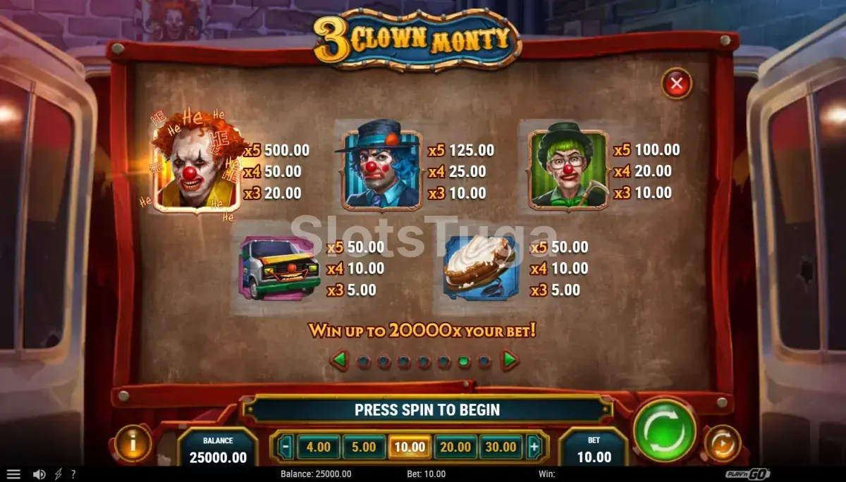 Tabela de pagamentos do 3 Clown Monty mostrando símbolos e valores