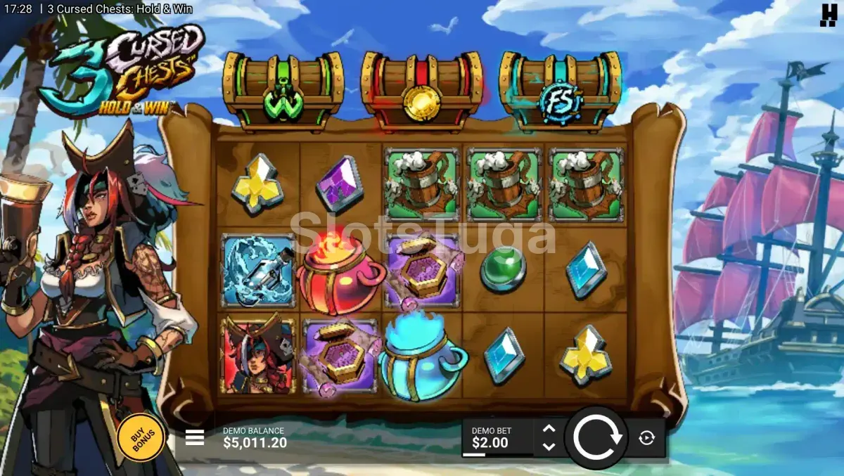 Jogo base do 3 Cursed Chests com os três baús coloridos acima dos rolos