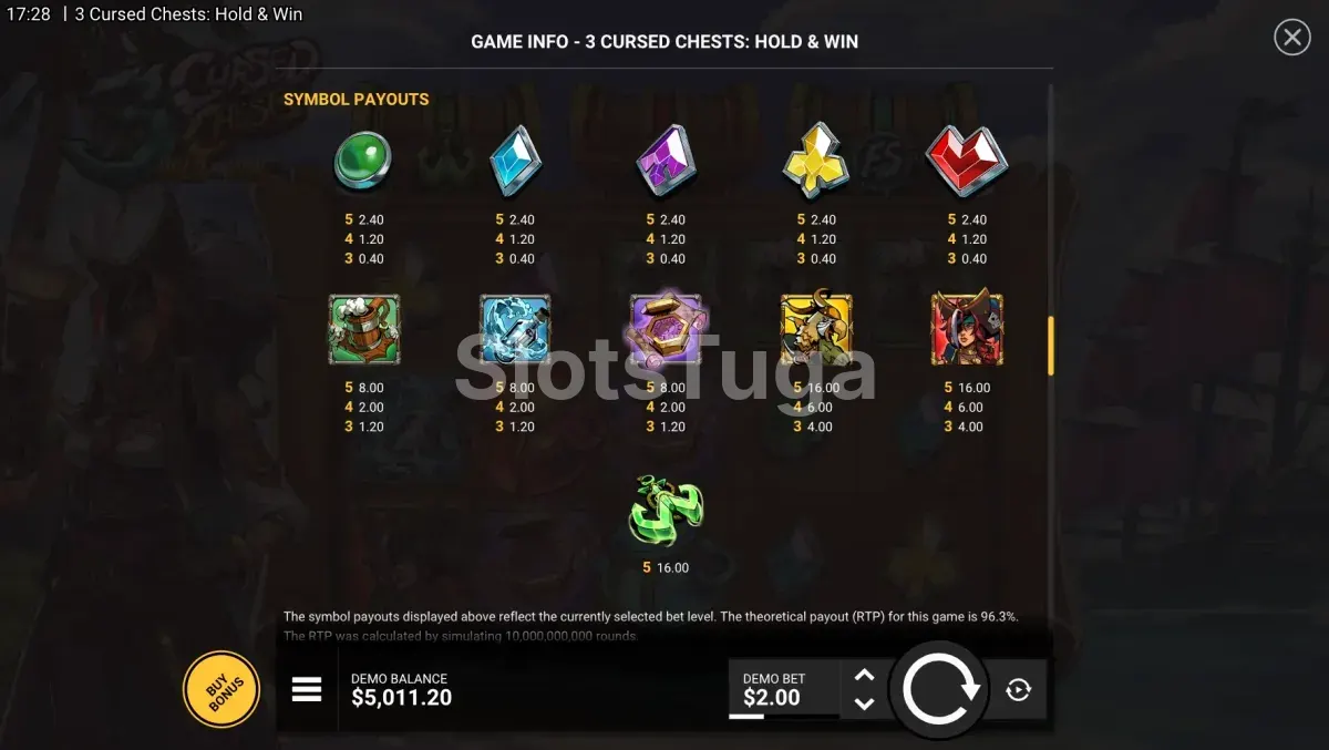 Tabela de pagamentos do 3 Cursed Chests mostrando símbolos e valores