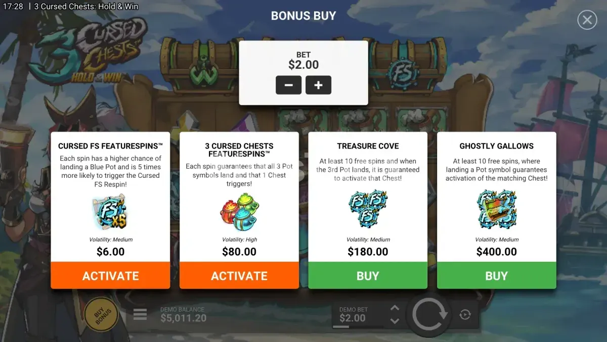 Menu de compra de bônus do 3 Cursed Chests com as quatro opções disponíveis