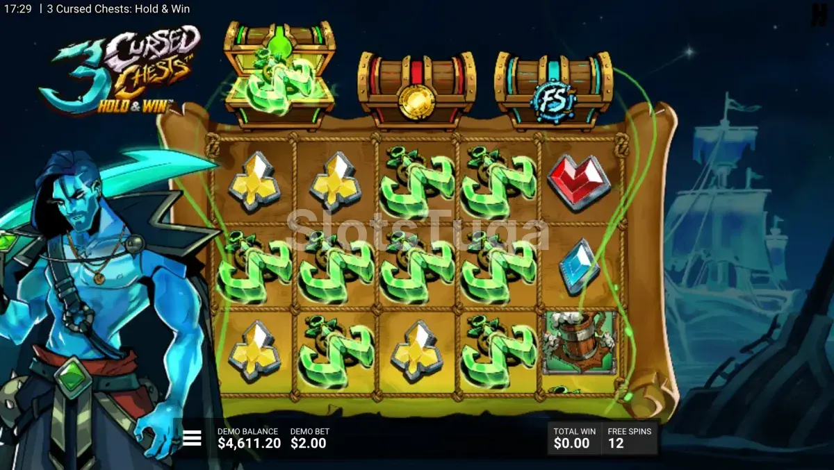Free spins ativados no 3 Cursed Chests com efeitos especiais de fantasmas