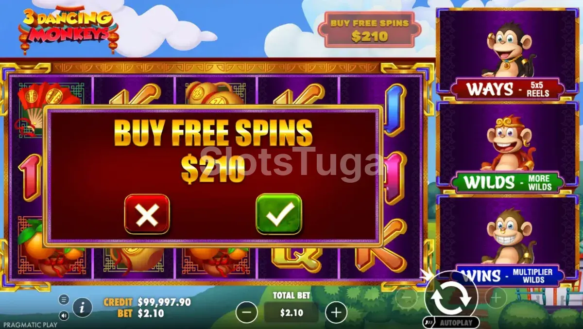 Tela de compra de bônus da 3 Dancing Monkeys com opção de 100x