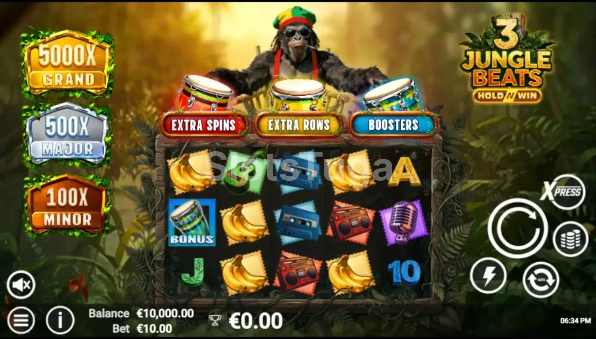 Jogo base do 3 Jungle Beats com rolos e símbolos da selva
