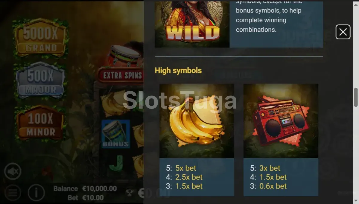 Tabela de pagamentos do 3 Jungle Beats mostrando os símbolos e valores