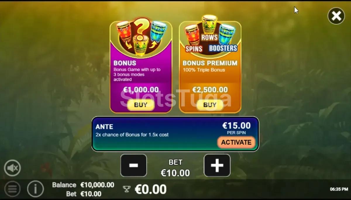 Tela de compra de bônus do 3 Jungle Beats com opções disponíveis