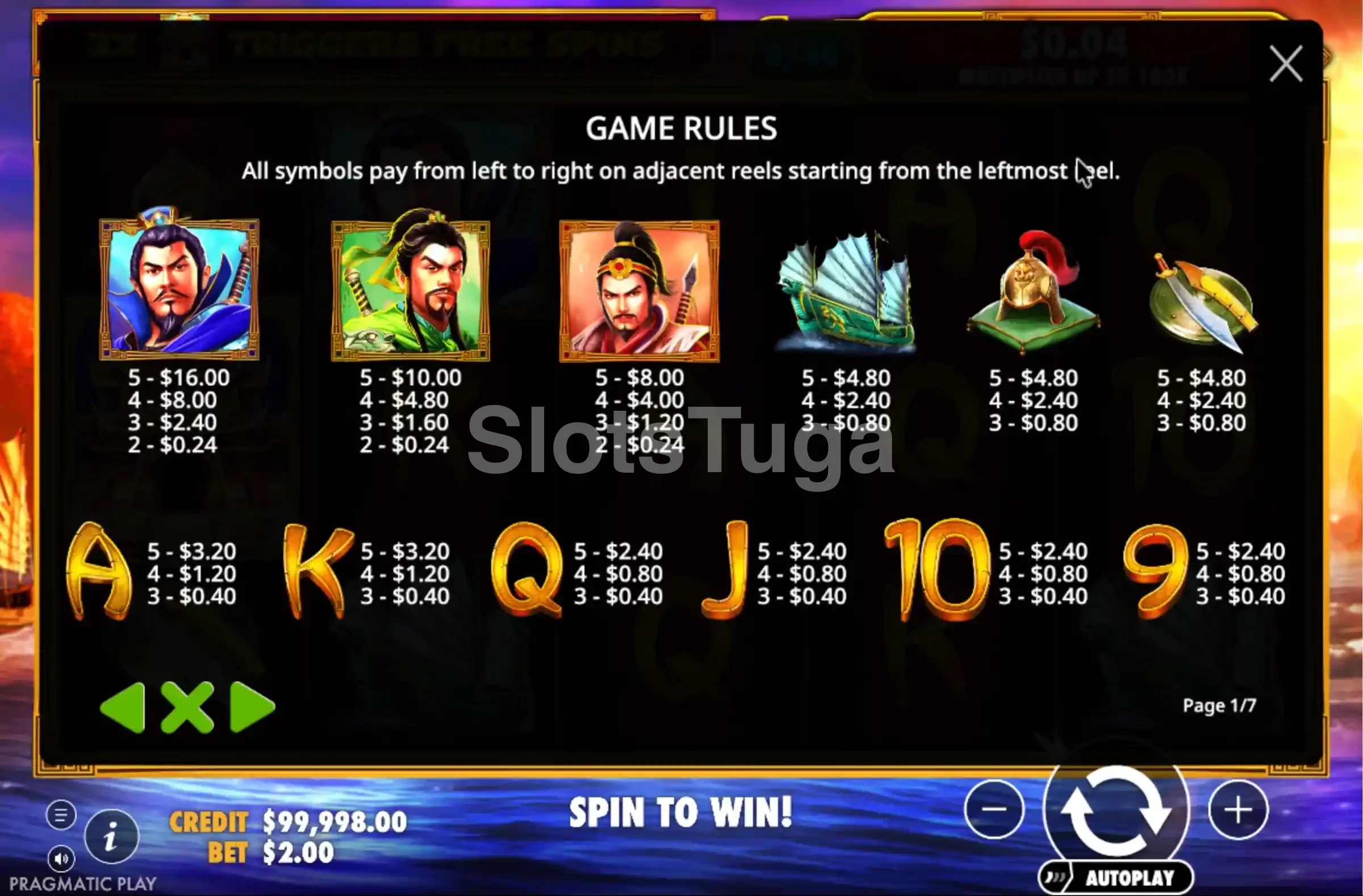 Tabela de pagamentos completa da slot 3 Kingdoms Battle of Red Cliffs