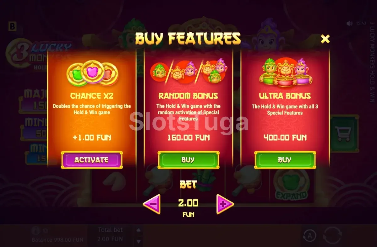 Opções de Bonus Buy de 3 Lucky Monkeys Hold & Win