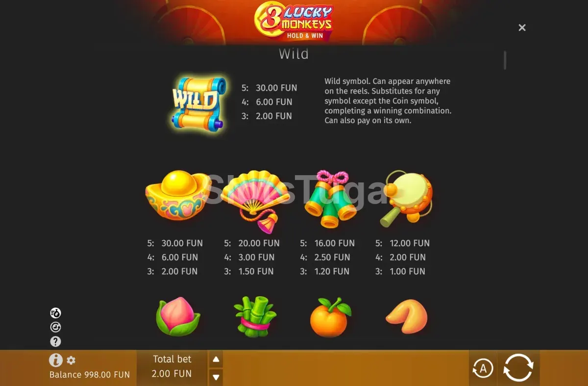 Tabela de pagamentos e jackpots de 3 Lucky Monkeys Hold & Win