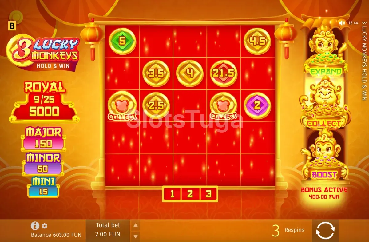 Ronda Hold & Win Bonus em 3 Lucky Monkeys Hold & Win com grelha expandida