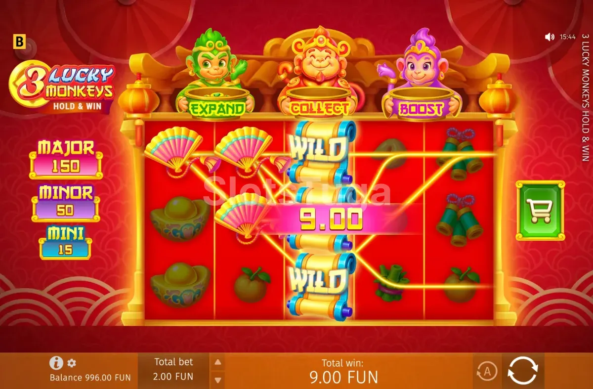 Jogo base de 3 Lucky Monkeys Hold & Win com os três macacos acima da grelha