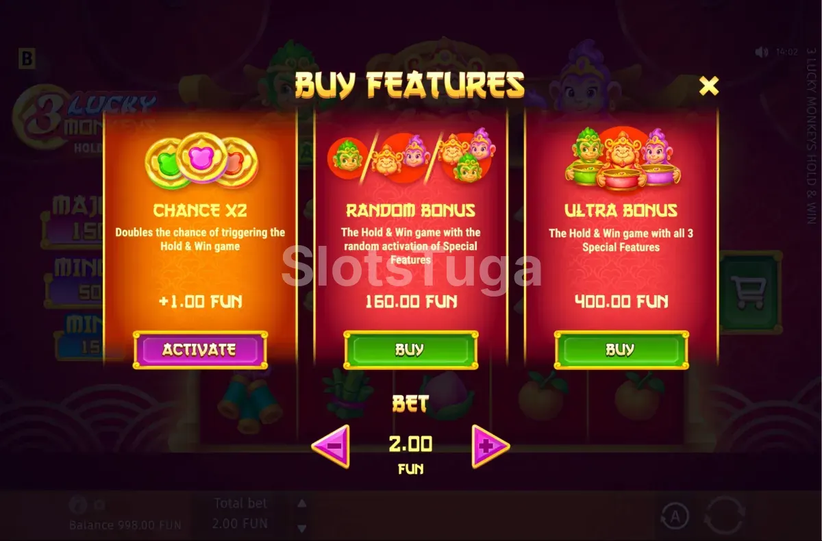 Ecrã de Bonus Buy de 3 Lucky Monkeys com o custo da compra