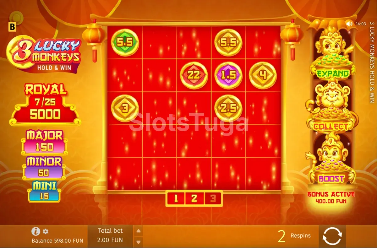 Rodadas grátis de 3 Lucky Monkeys com o contador de giros no ecrã