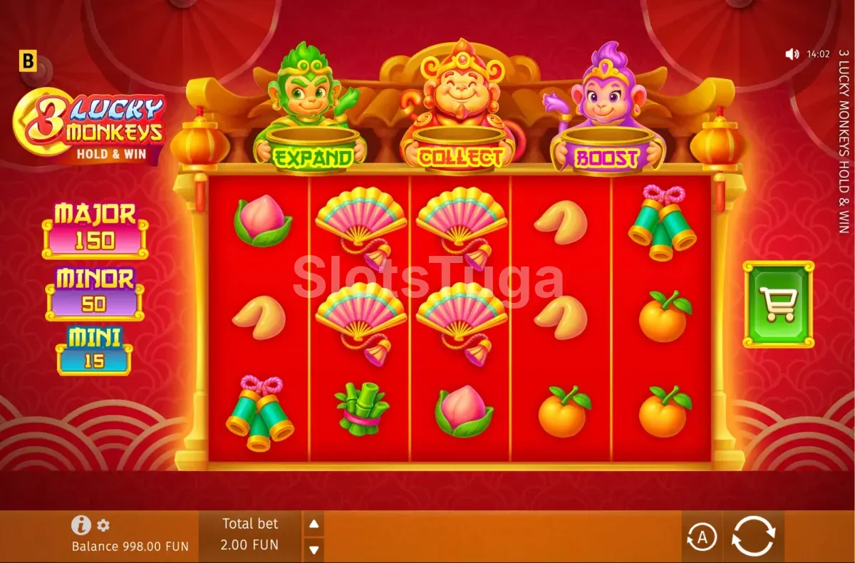 Jogo base de 3 Lucky Monkeys com os 5 rolos e as 3 linhas activas