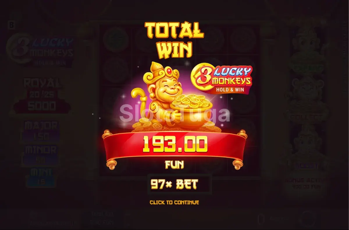 Ecrã de grande prémio em 3 Lucky Monkeys após uma combinação nas linhas