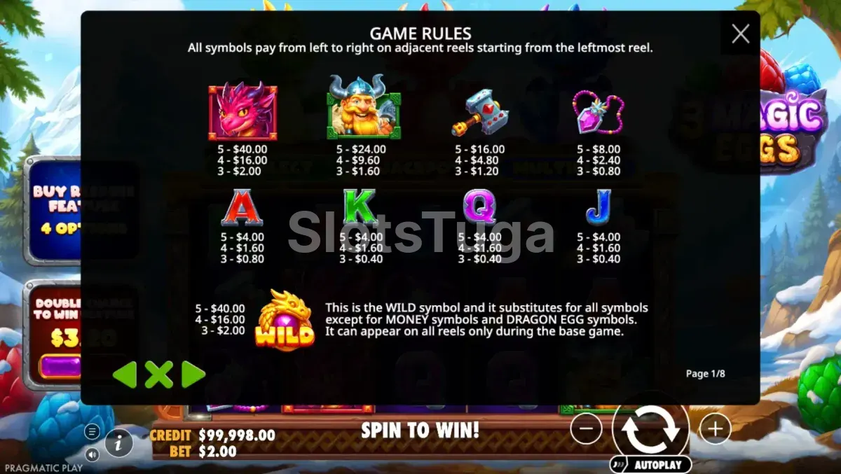 Tabela de pagamentos da 3 Magic Eggs mostrando símbolos e valores