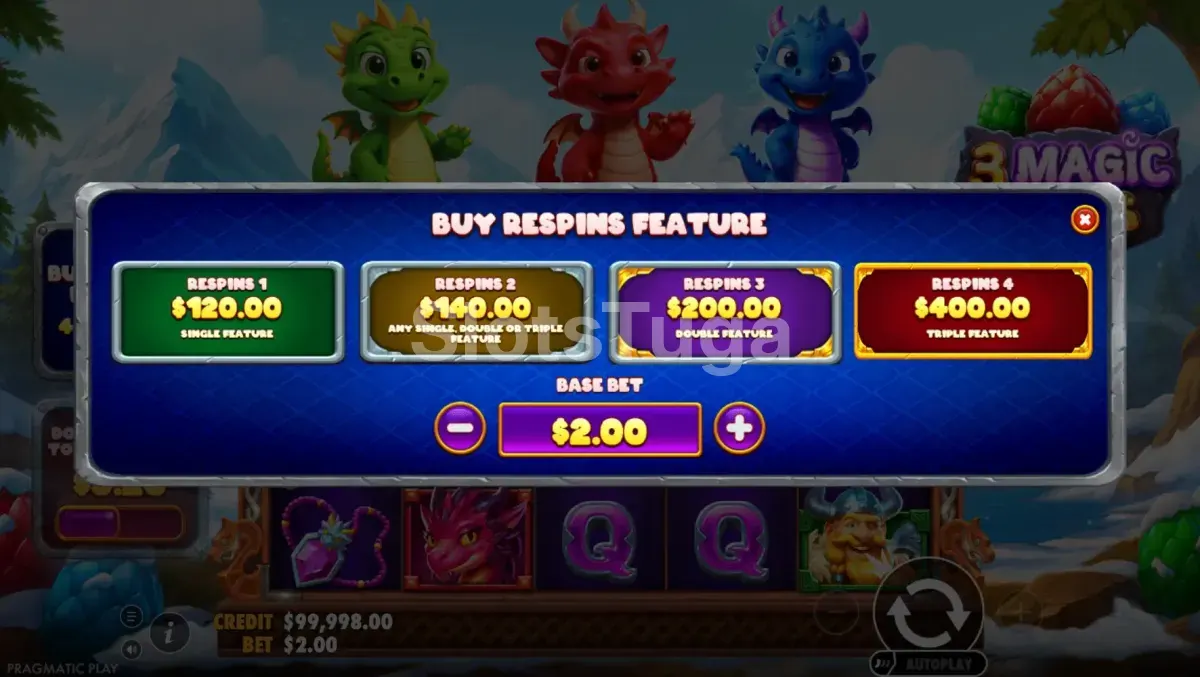 Tela de compra de bônus da 3 Magic Eggs com as quatro opções disponíveis