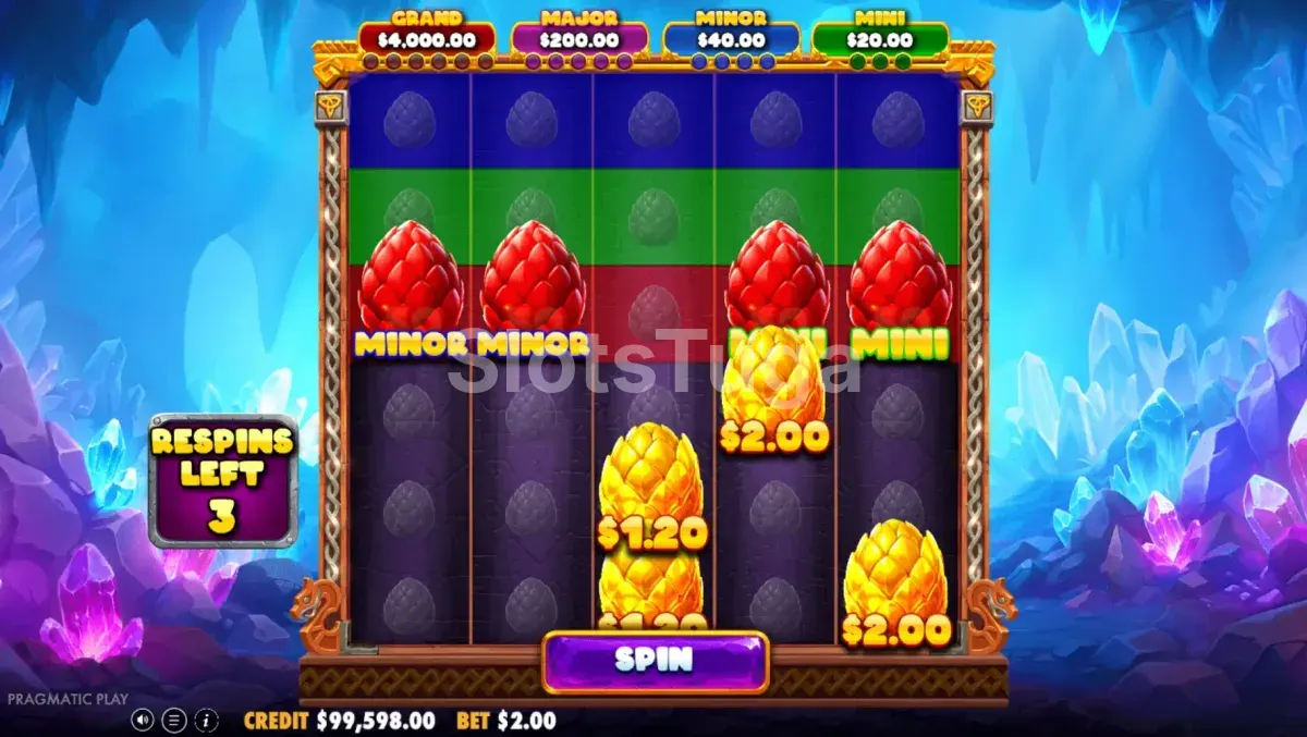 Round de free spins da 3 Magic Eggs com modificadores de dragões ativos