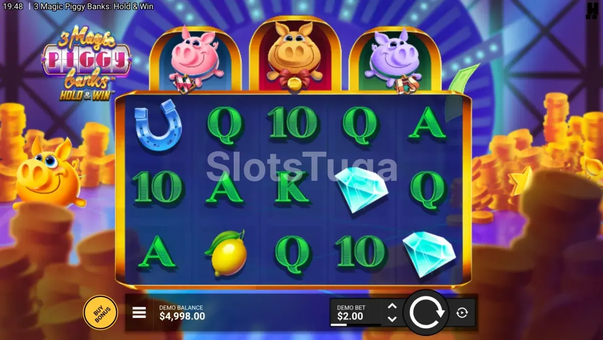Ecrã do jogo base da slot 3 Magic Piggy Banks Hold & Win