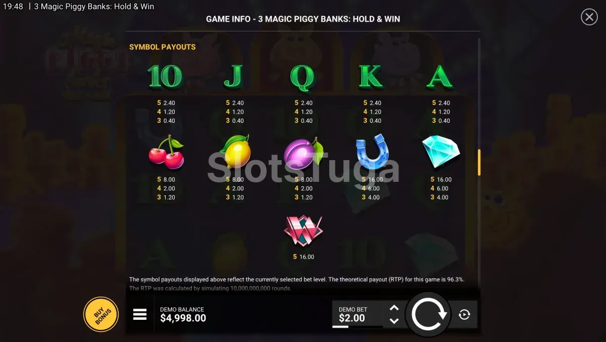 Tabela de prémios da slot 3 Magic Piggy Banks Hold & Win