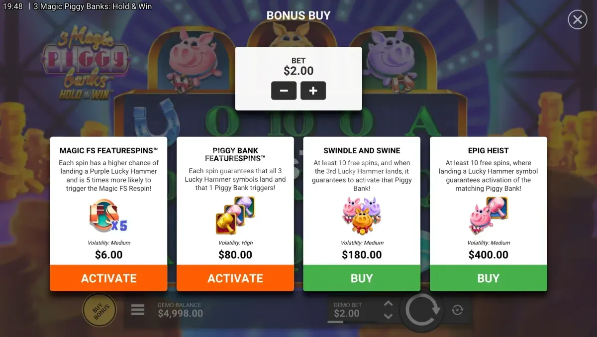 Menu de Bonus Buy da slot 3 Magic Piggy Banks Hold & Win