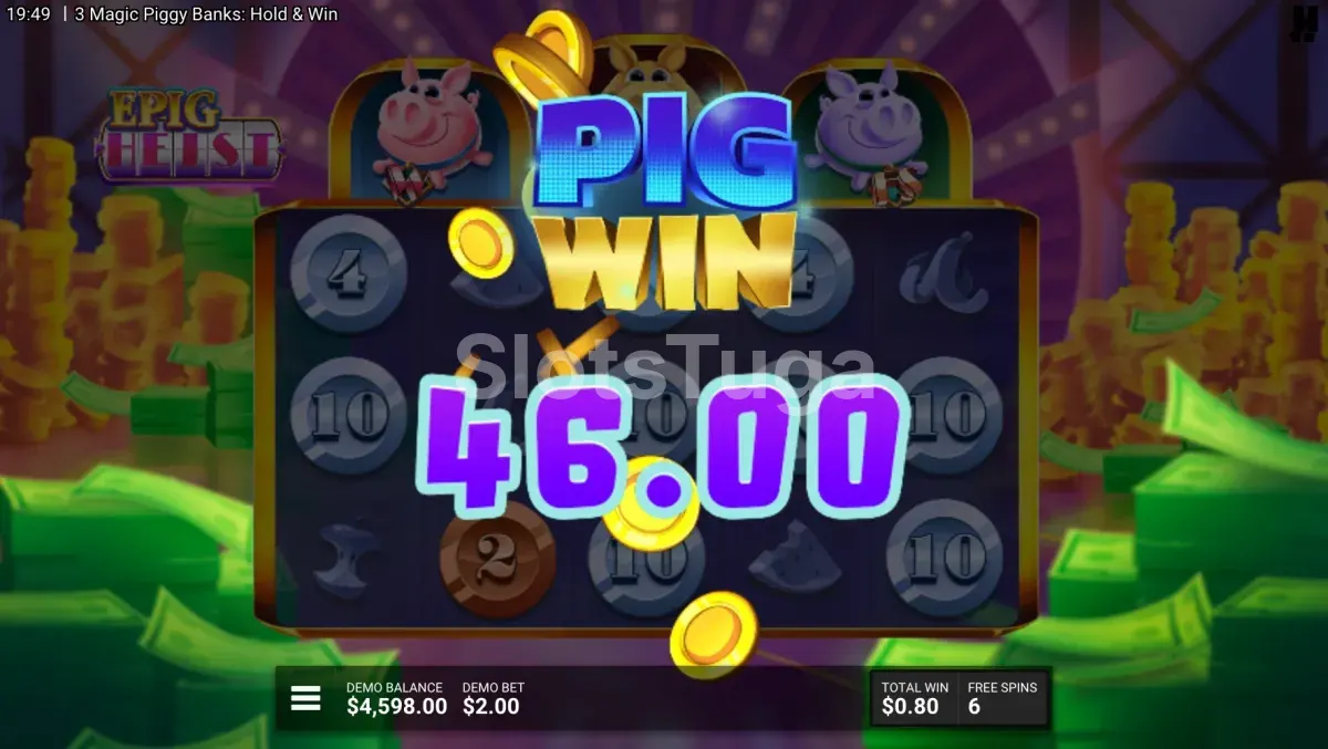 Ecrã de vitória elevada na slot 3 Magic Piggy Banks Hold & Win