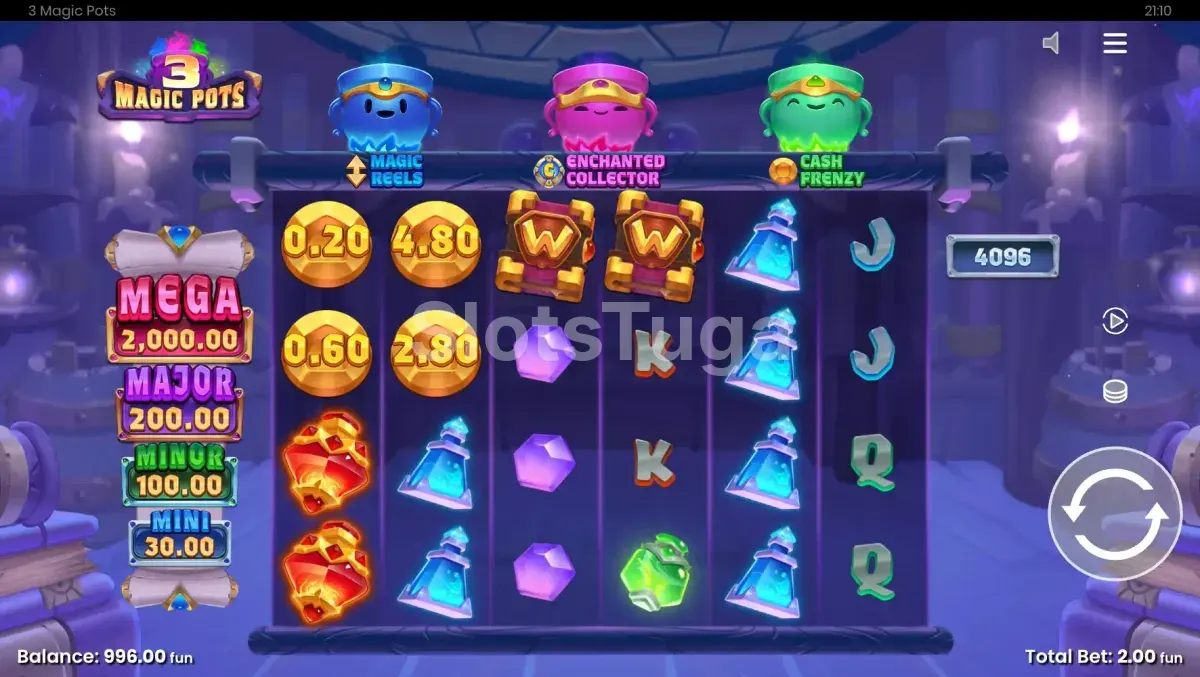 Segunda tela do jogo base da 3 Magic Pots com caldeirões em ação